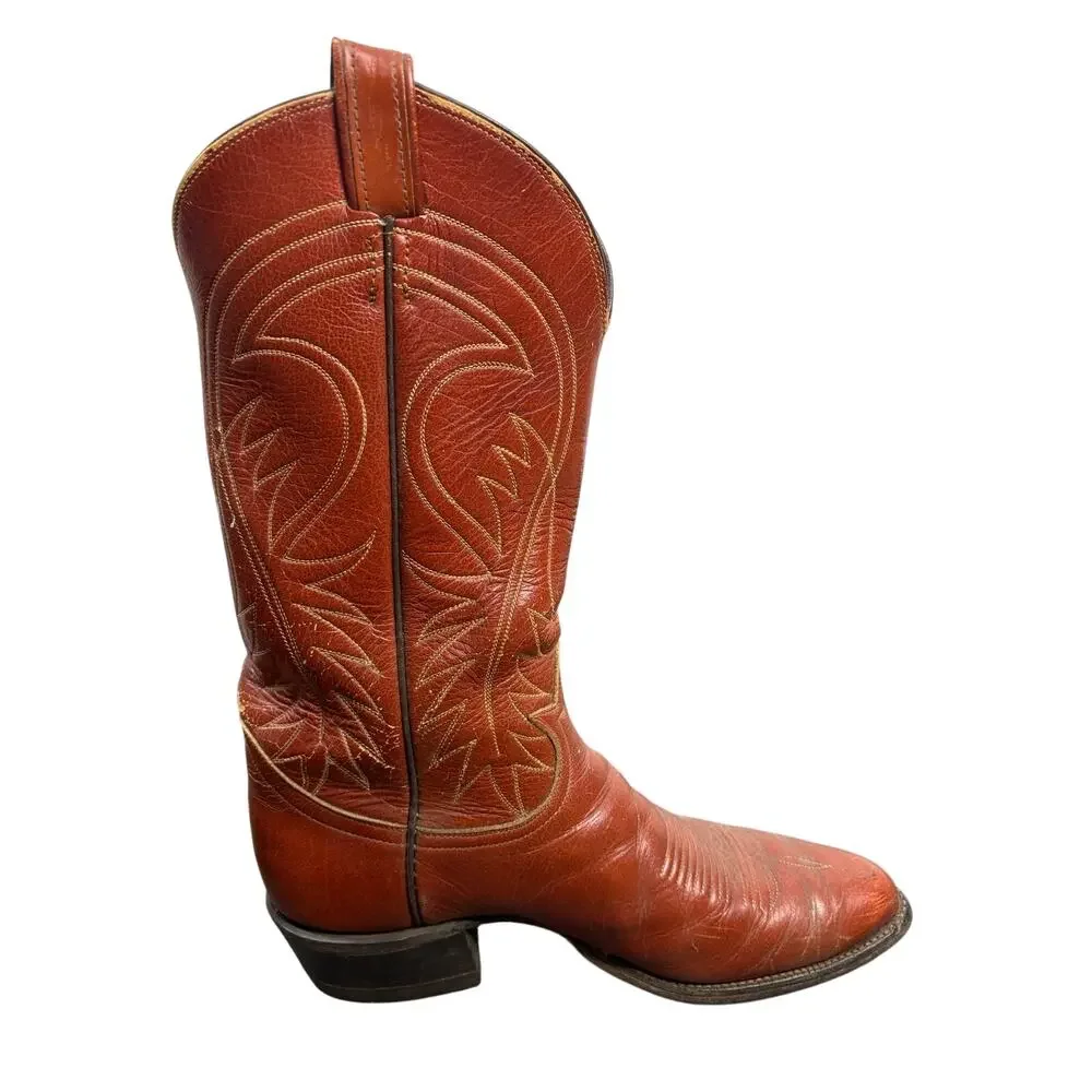 Tony Lama Cowboy Boot Cognac Distressed Leather USA Western Heritage Vintage 9.5